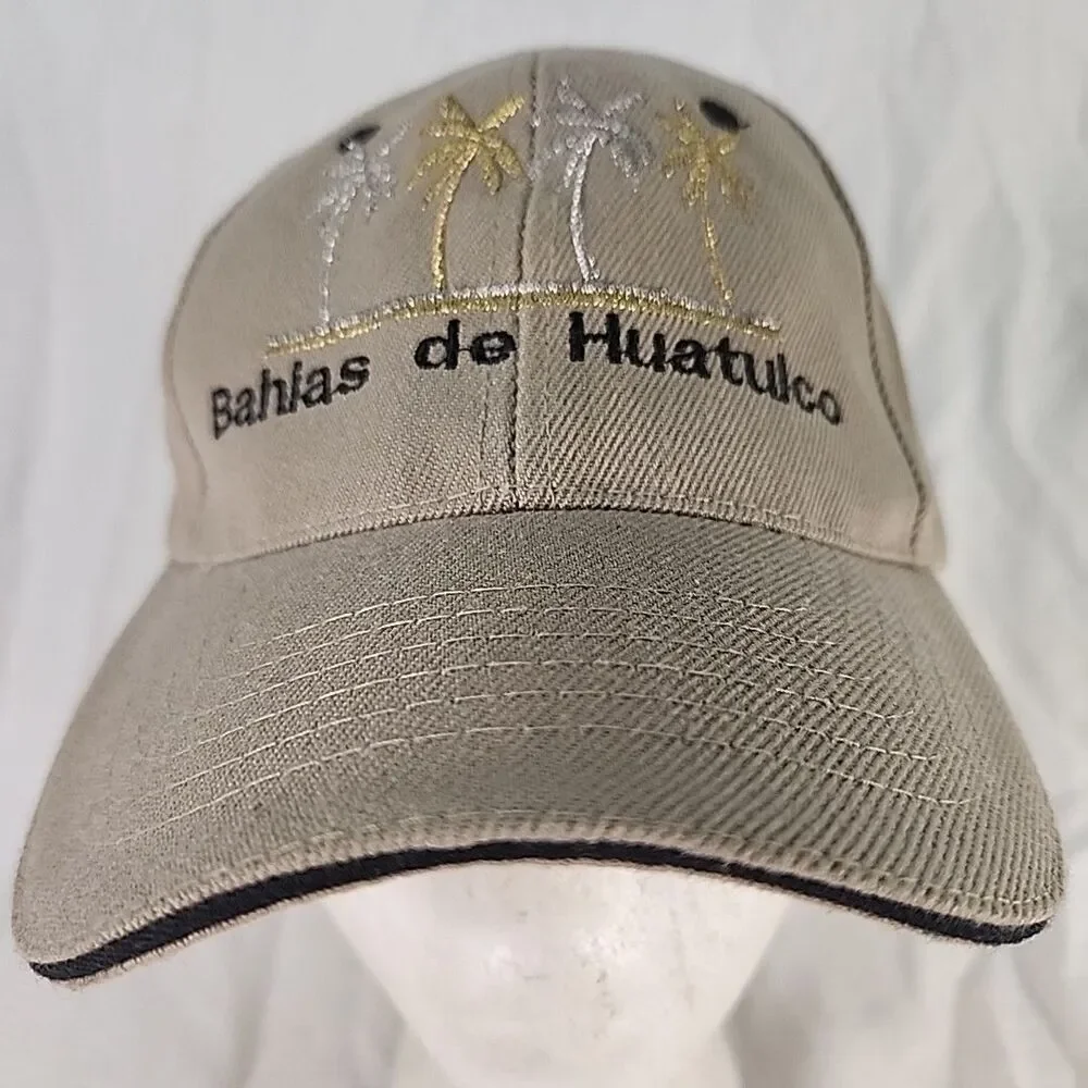 Cap Bahia De Huatulco Tan Baseball Hat Embroidered Gold/Silver Palm Trees Adj